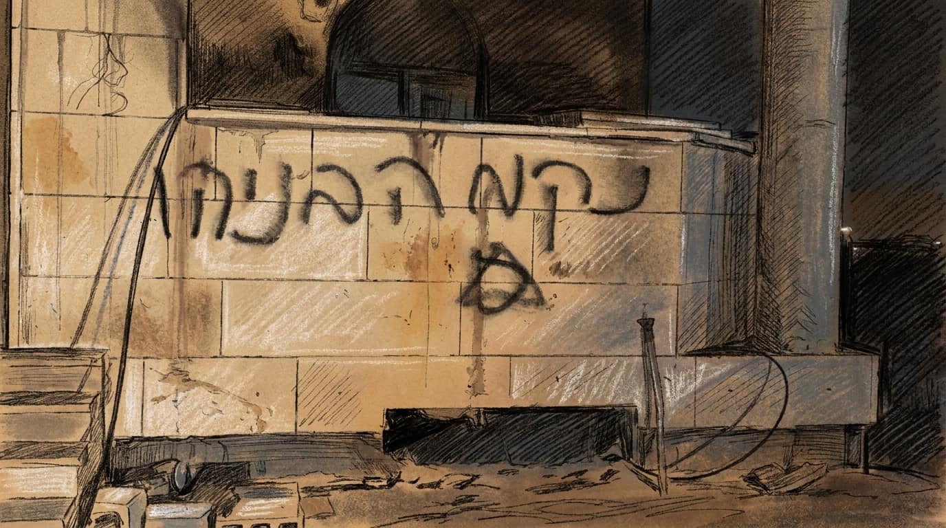 Courtroom-sketch editorial illustration of the smoke-blackened exterior wall of a mosque in Qusra with scorch damage and spray-painted graffiti