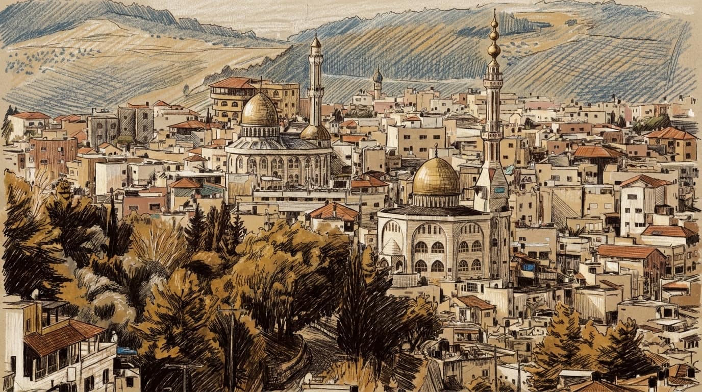 Courtroom-sketch editorial illustration of the hillside cityscape of Umm al-Fahm with mosque domes, minarets, homes and trees