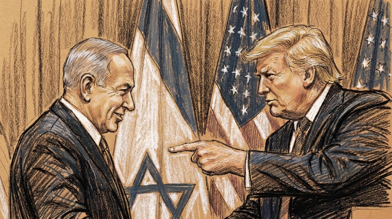 Courtroom-sketch editorial illustration of Prime Minister Benjamin Netanyahu and President Donald Trump facing one another with Israeli and American flags behind them