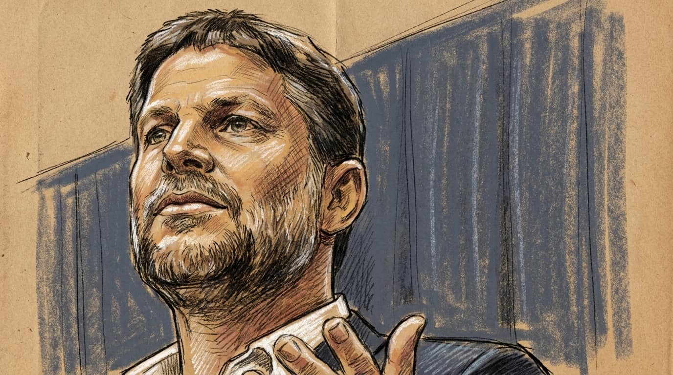 Courtroom-sketch editorial illustration of Finance Minister Bezalel Smotrich viewed from a low angle with one hand raised against a blue backdrop