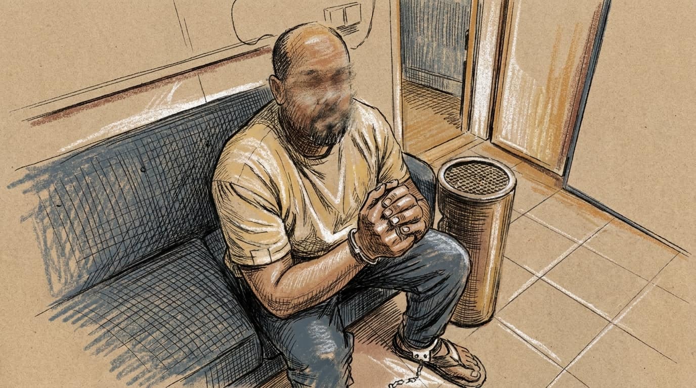 Courtroom-sketch editorial illustration of a handcuffed suspect seated on a gray bench inside a police room