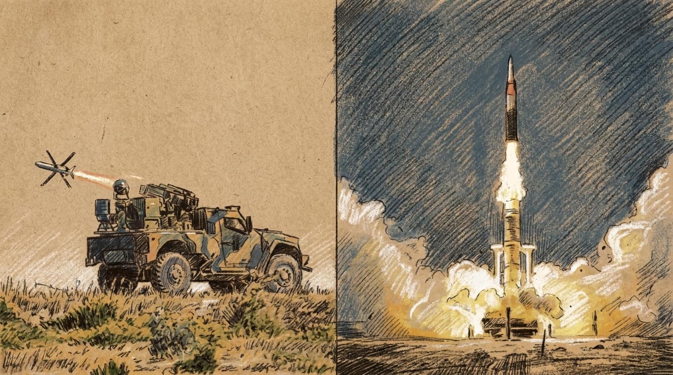 Courtroom-sketch editorial illustration pairing a camouflaged missile-launcher vehicle on a field with an interceptor missile rising through bright launch smoke