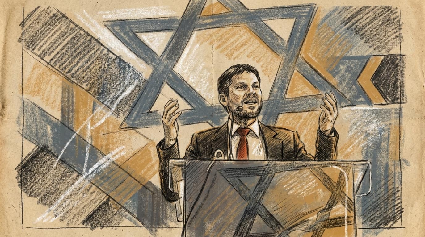 Courtroom-sketch editorial illustration of Bezalel Smotrich speaking with raised hands behind a lectern on a Religious Zionism election stage