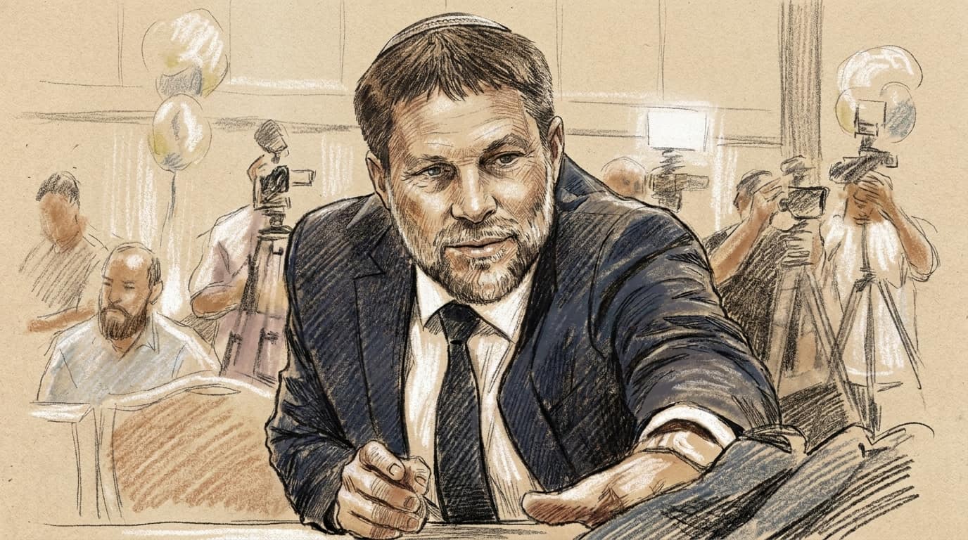 Courtroom-sketch editorial illustration of Bezalel Smotrich leaning forward at a Religious Zionism primary event as photographers and attendees gather behind him