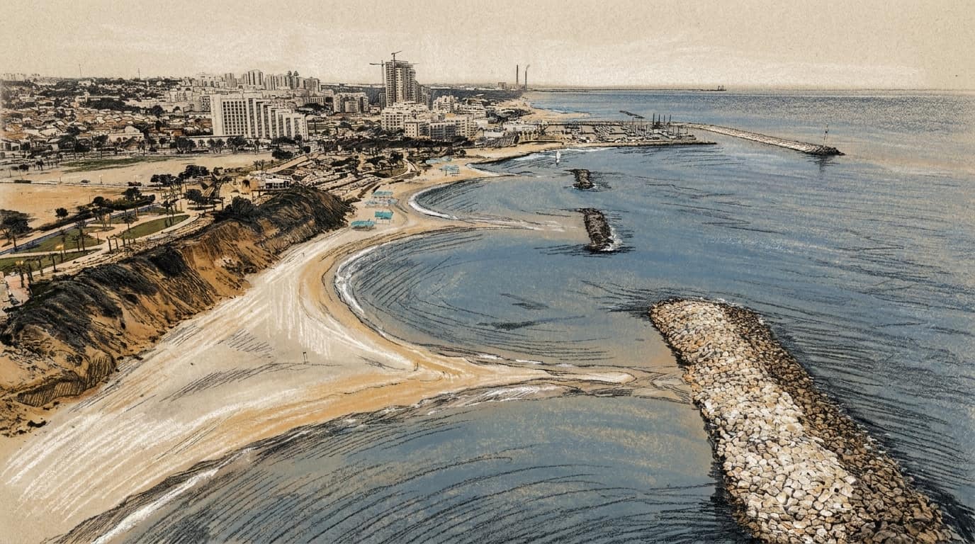 Courtroom-sketch editorial illustration of Ashkelon's Mediterranean shoreline, beaches and rock breakwaters seen from above