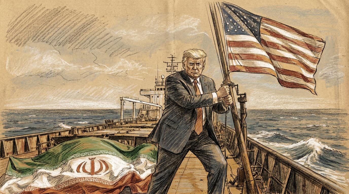 Courtroom-sketch editorial illustration of Donald Trump holding a United States flag on the deck of an Iranian oil tanker at sea