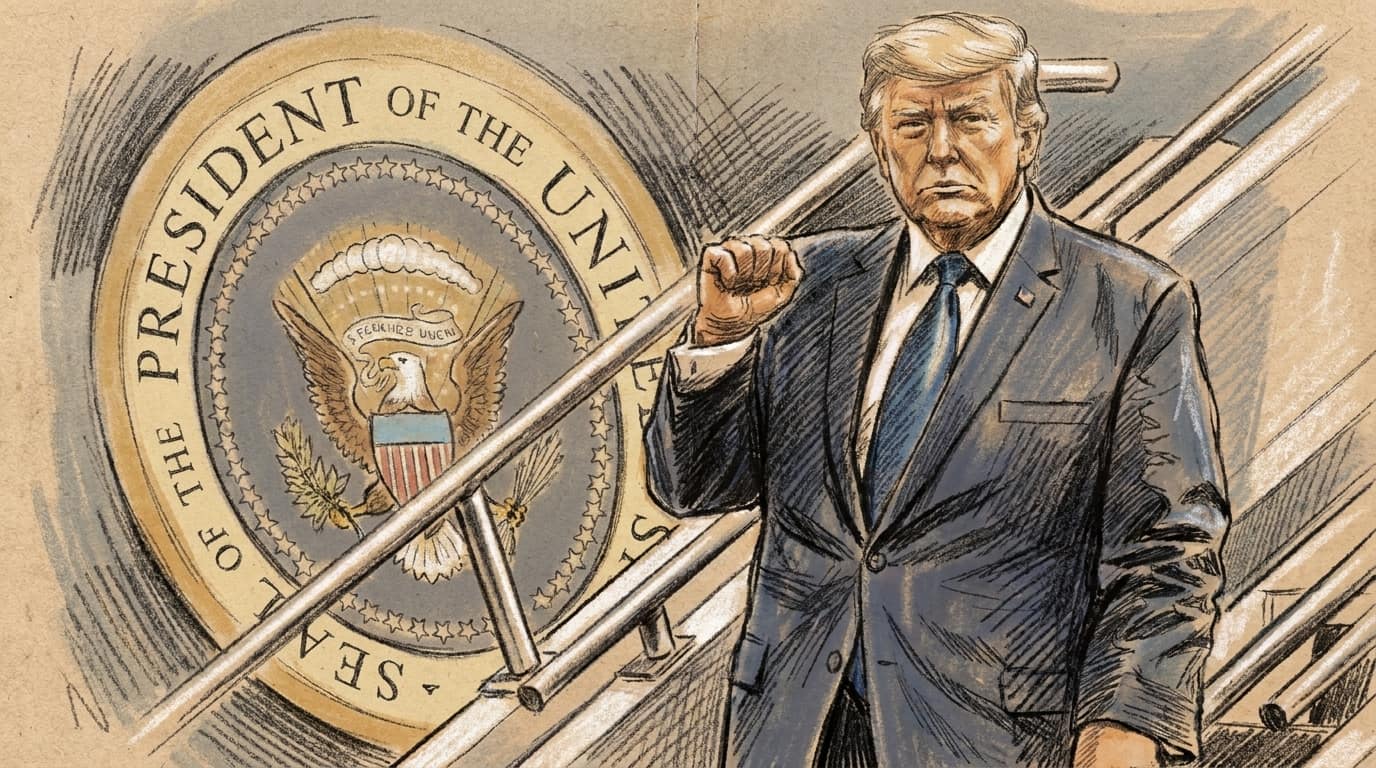 Courtroom-sketch editorial illustration of President Donald Trump descending the stairs of Air Force One with the presidential seal behind him