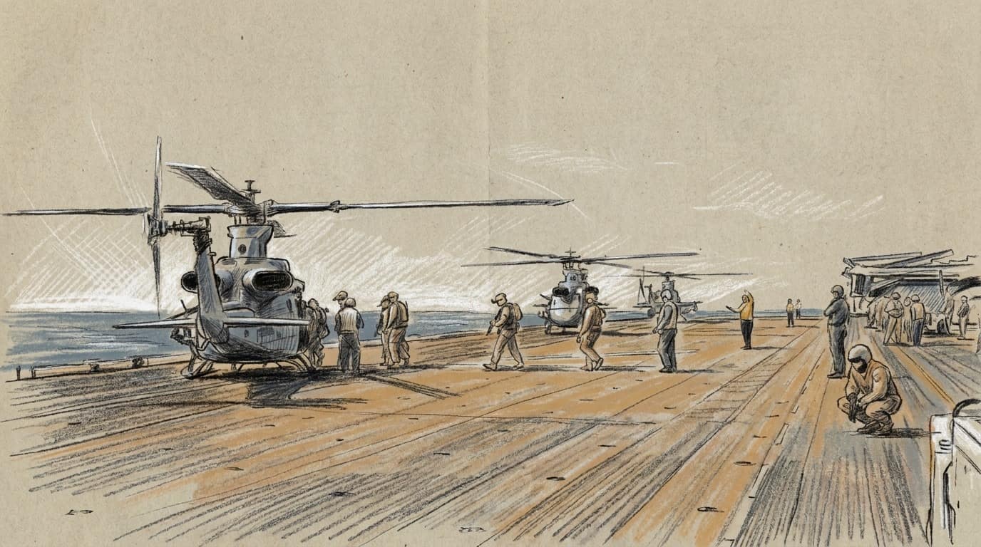 Courtroom-sketch editorial illustration of helicopter crews preparing beside two gray military helicopters on a naval flight deck