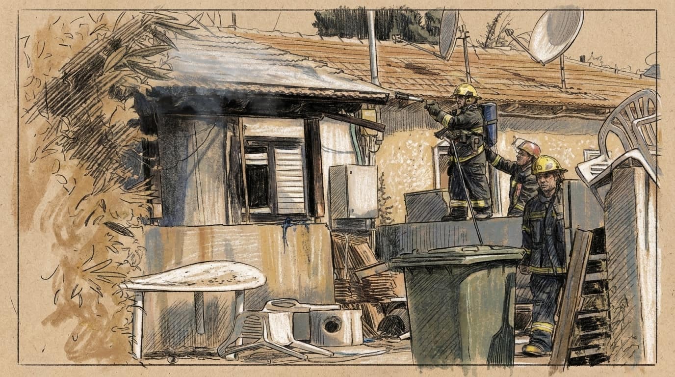 Courtroom-sketch editorial illustration of Israeli firefighters working outside a smoke-damaged residential home