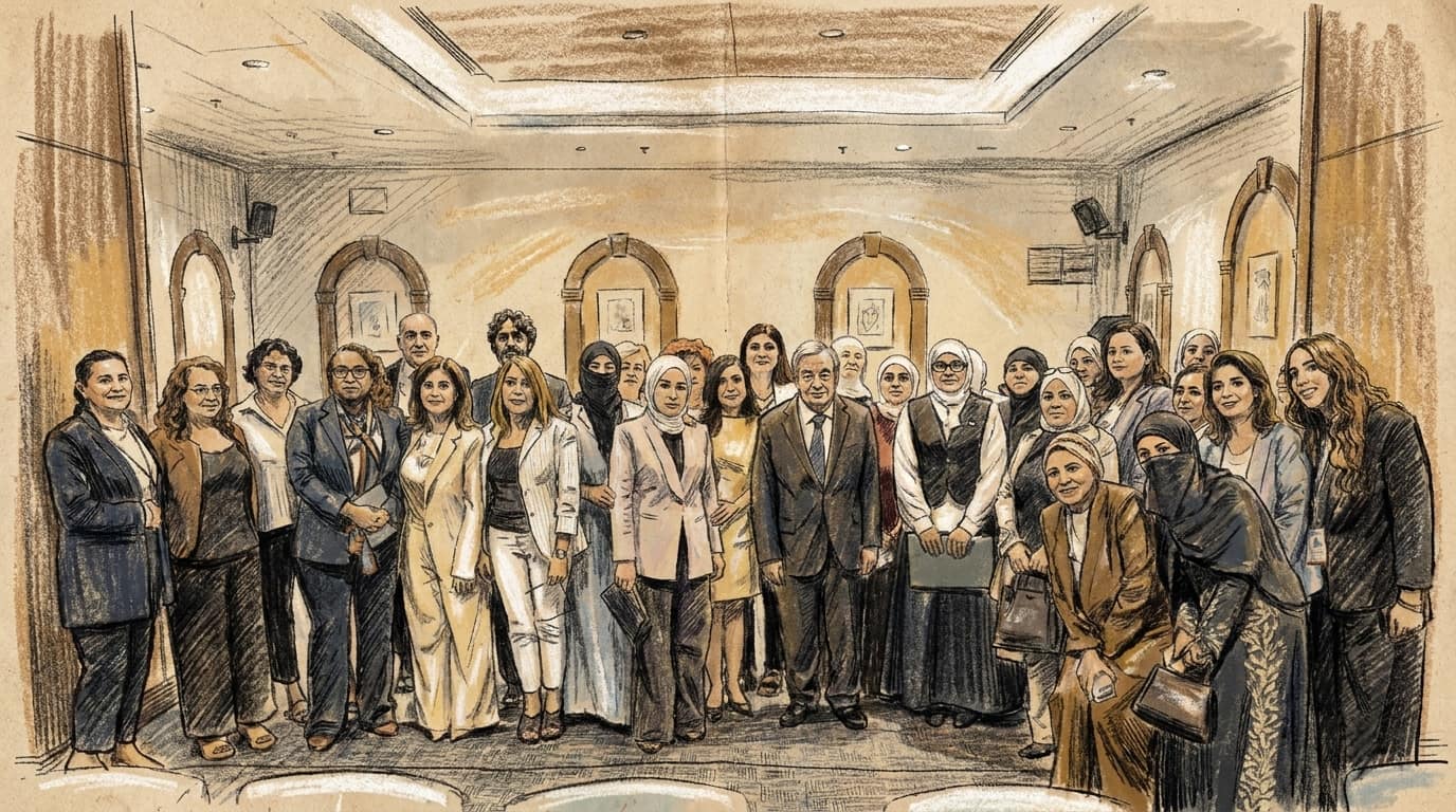 Courtroom-sketch editorial illustration of António Guterres standing at the center of a large group of Syrian women in a formal meeting room