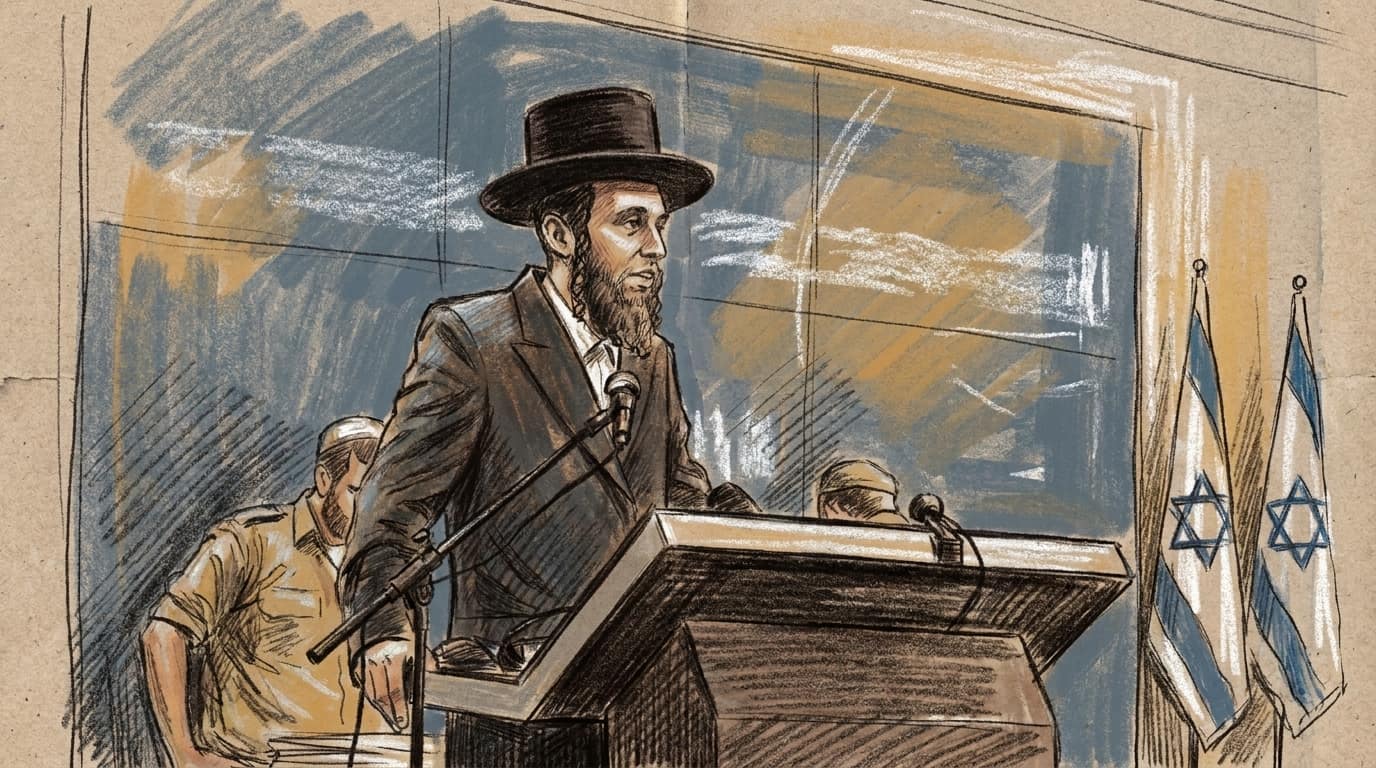 Courtroom-sketch editorial illustration of Rabbi Yaakov Farber speaking at a podium during a Maalot Tzur ceremony with uniformed participants and Israeli flags behind him