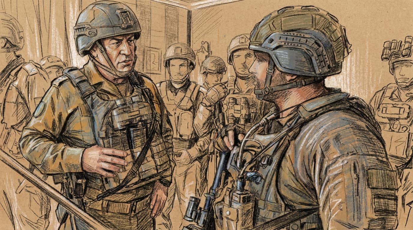 Courtroom-sketch editorial illustration of IDF Chief of Staff Eyal Zamir speaking with helmeted soldiers inside a room in southern Lebanon