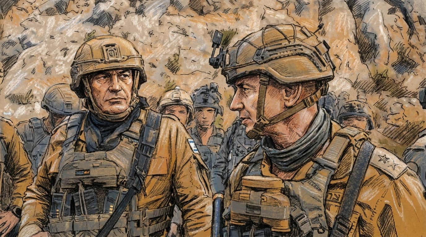 Courtroom-sketch editorial illustration of IDF Chief of Staff Eyal Zamir speaking with another senior officer and soldiers in southern Lebanon