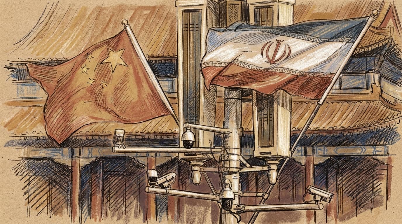 Courtroom-sketch editorial illustration of Chinese and Iranian flags flying over surveillance cameras before a government building in Beijing