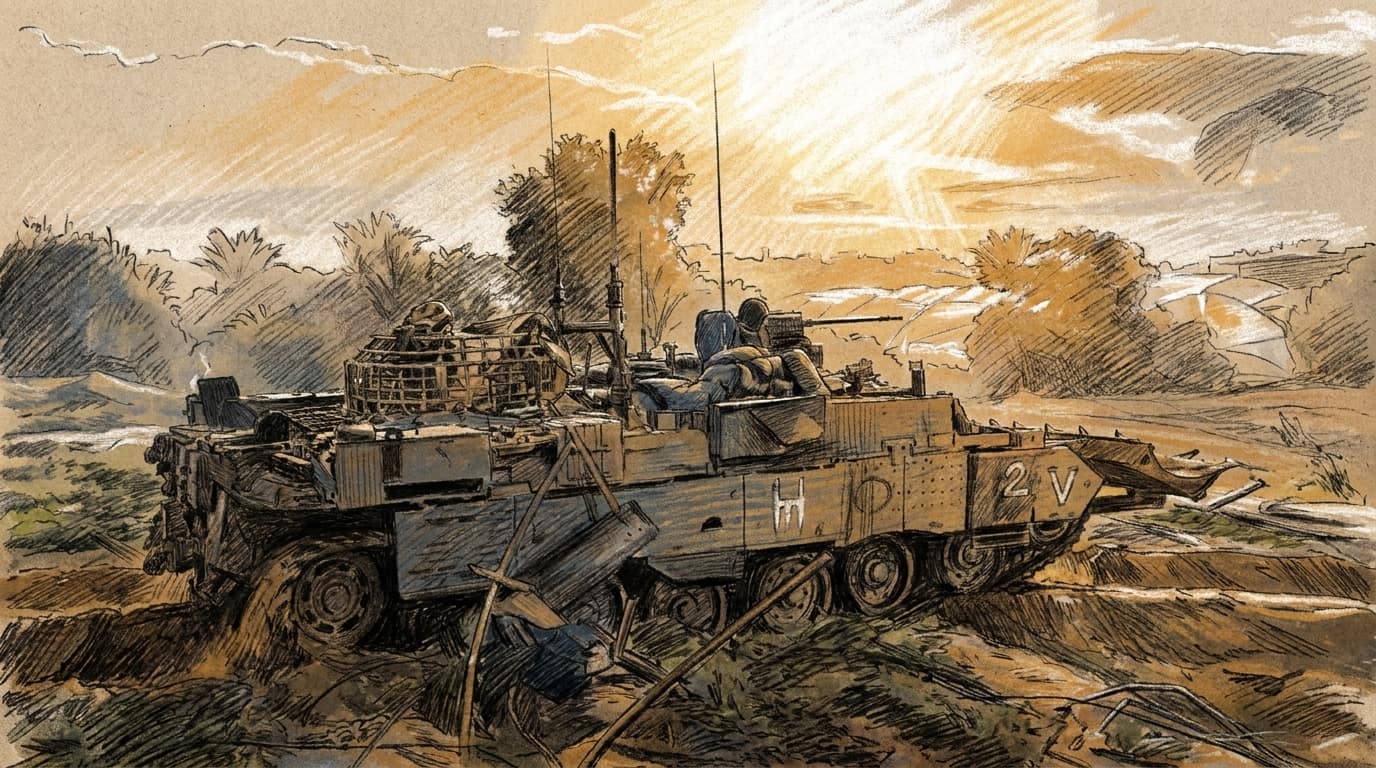 Courtroom-sketch editorial illustration of an Israeli Merkava tank carrying soldiers through a dusty Gaza landscape at golden hour