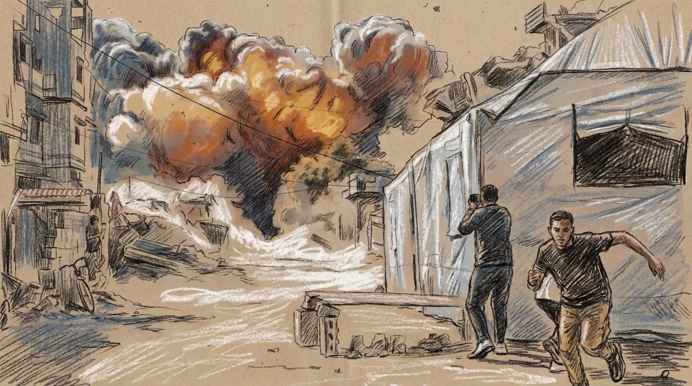 Courtroom-sketch editorial illustration of a blast and smoke behind Gaza buildings as one man runs and another films beside a white tent