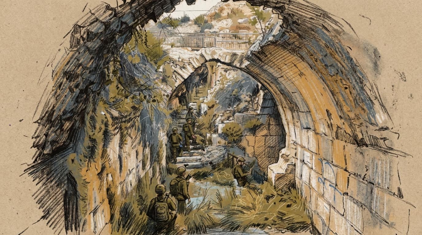 Courtroom-sketch editorial illustration of IDF soldiers moving through an arched stone passage at Beaufort Castle toward sunlit ruins and overgrowth