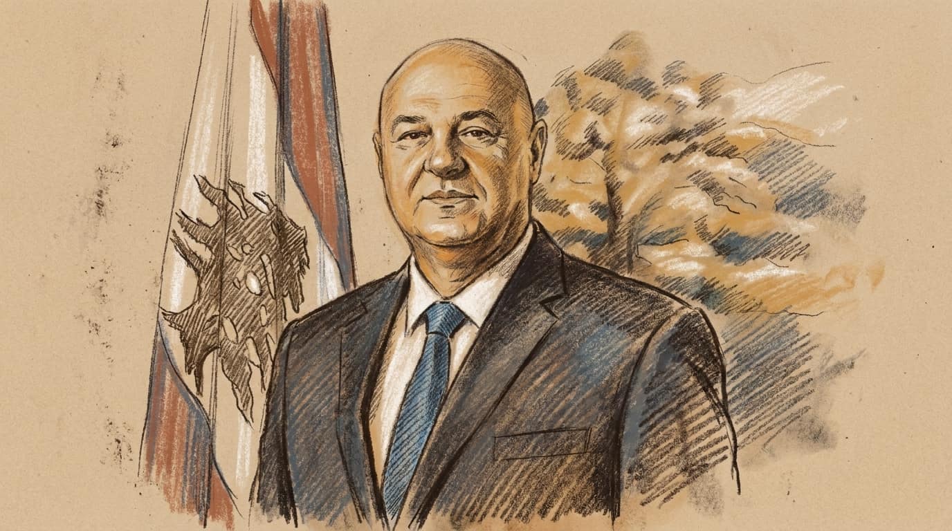 Courtroom-sketch editorial illustration of Lebanese President Joseph Aoun in a dark suit and blue tie, with the Lebanese flag and a softly rendered landscape behind him.