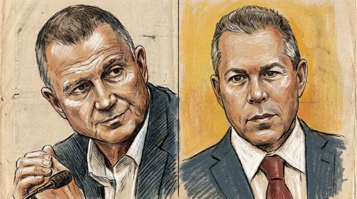 Courtroom-sketch editorial illustration with side-by-side portraits of Yuli Edelstein and Gilad Erdan.