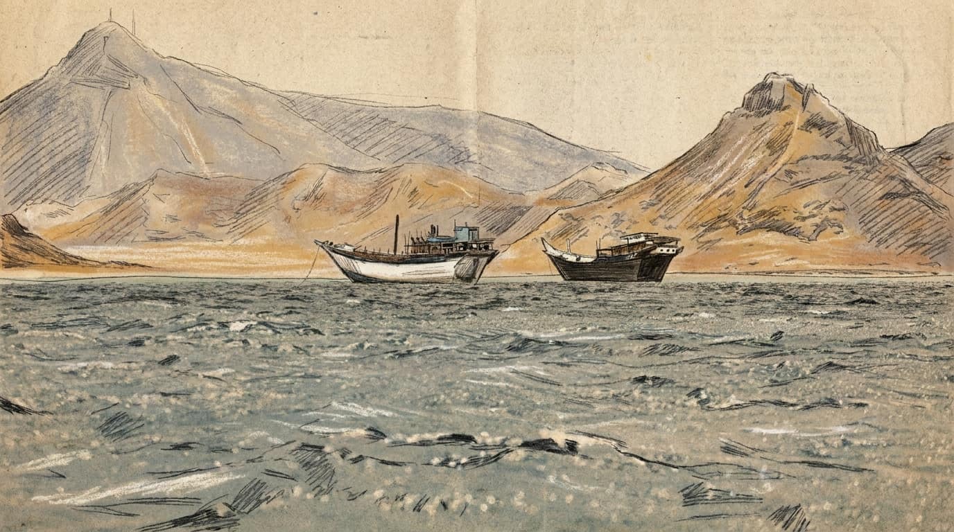 Courtroom-sketch editorial illustration of two commercial boats crossing choppy water before the rugged mountains on Yemen's Bab el-Mandeb coast.