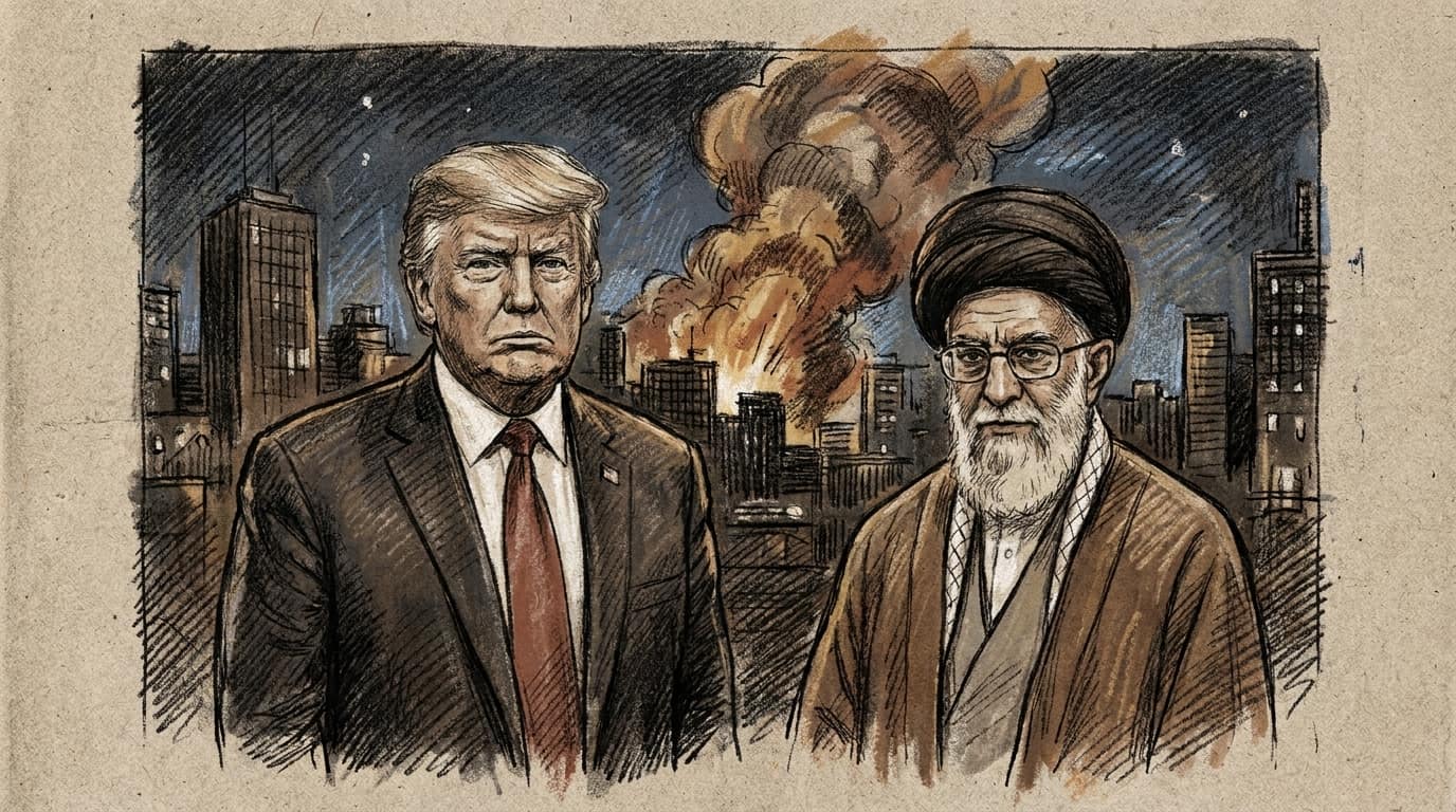 Courtroom-sketch editorial illustration of Donald Trump and Mojtaba Khamenei before an orange explosion over a nighttime city skyline.