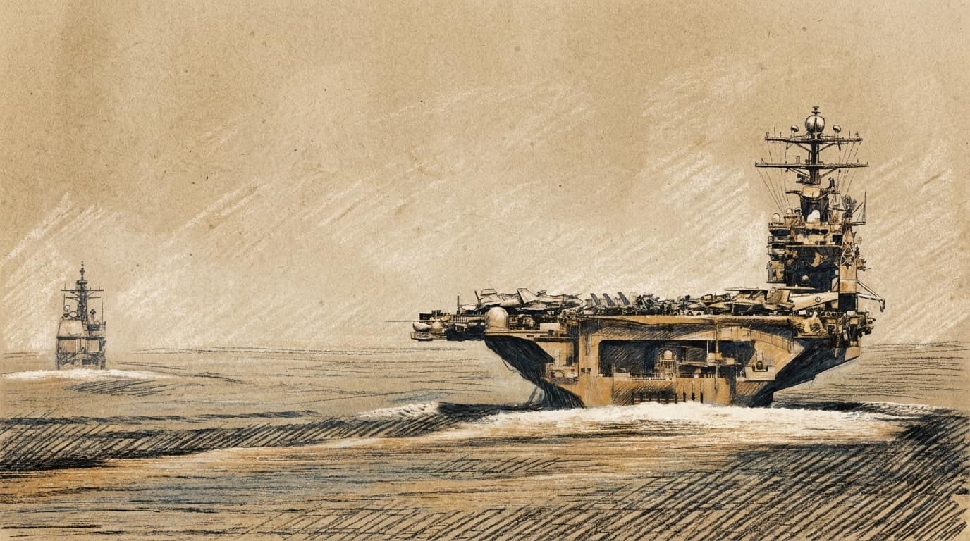 Courtroom-sketch editorial illustration of a U.S. aircraft carrier steaming through the Strait of Hormuz with a guided-missile cruiser following in the distance.