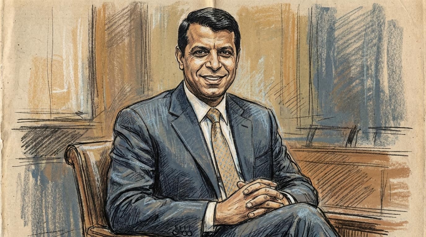Courtroom-sketch editorial illustration of former Fatah security chief Mohammed Dahlan seated indoors in a dark suit and light-blue tie with his hands clasped.