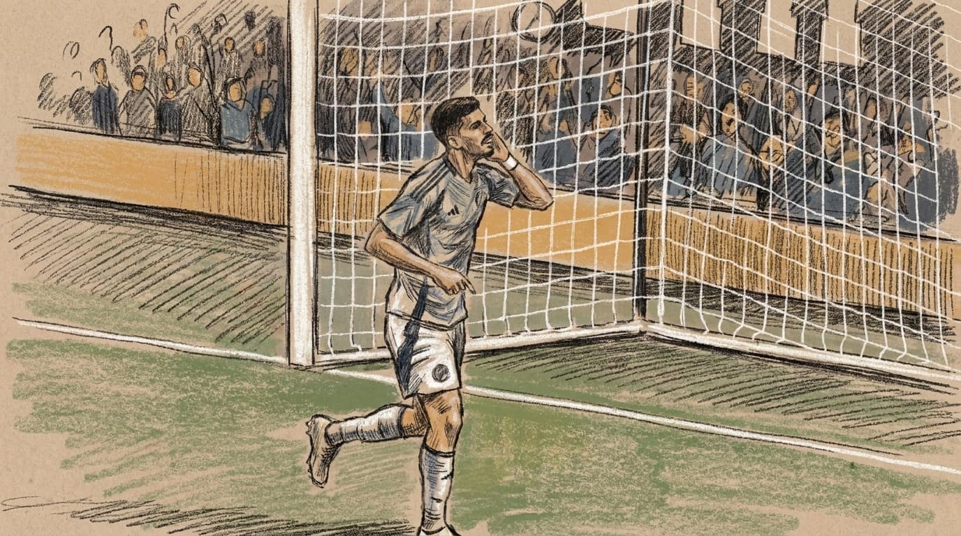 Courtroom-sketch editorial illustration of Dor Turgeman running in front of the goal with one hand cupped to his ear toward the Montreal supporters.