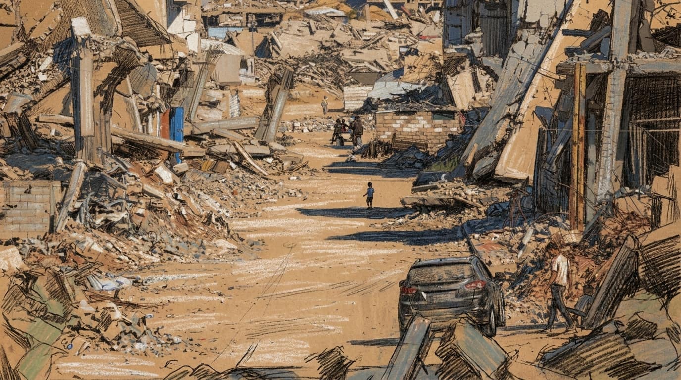 Courtroom-sketch editorial illustration looking down a rubble-lined Gaza street between shattered buildings, with a car and several small civilian figures amid the debris.