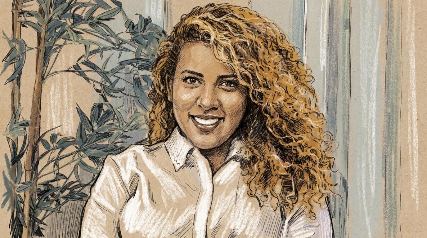 Courtroom-sketch editorial illustration of Yaffa Tebeje smiling in a white blouse beside green indoor plants.