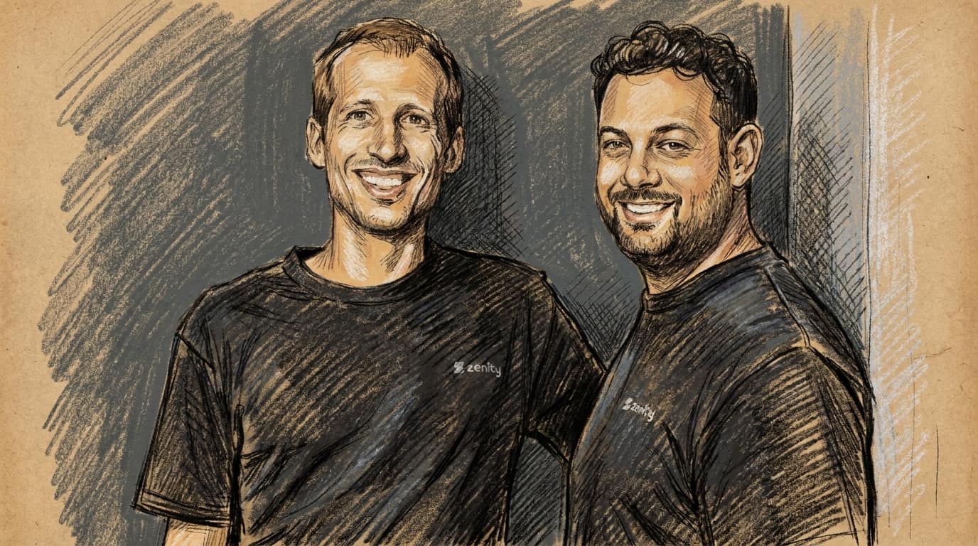 Courtroom-sketch editorial illustration of Zenity co-founders Michael Bargury and Ben Kliger standing side by side in black shirts against a dark studio wall.