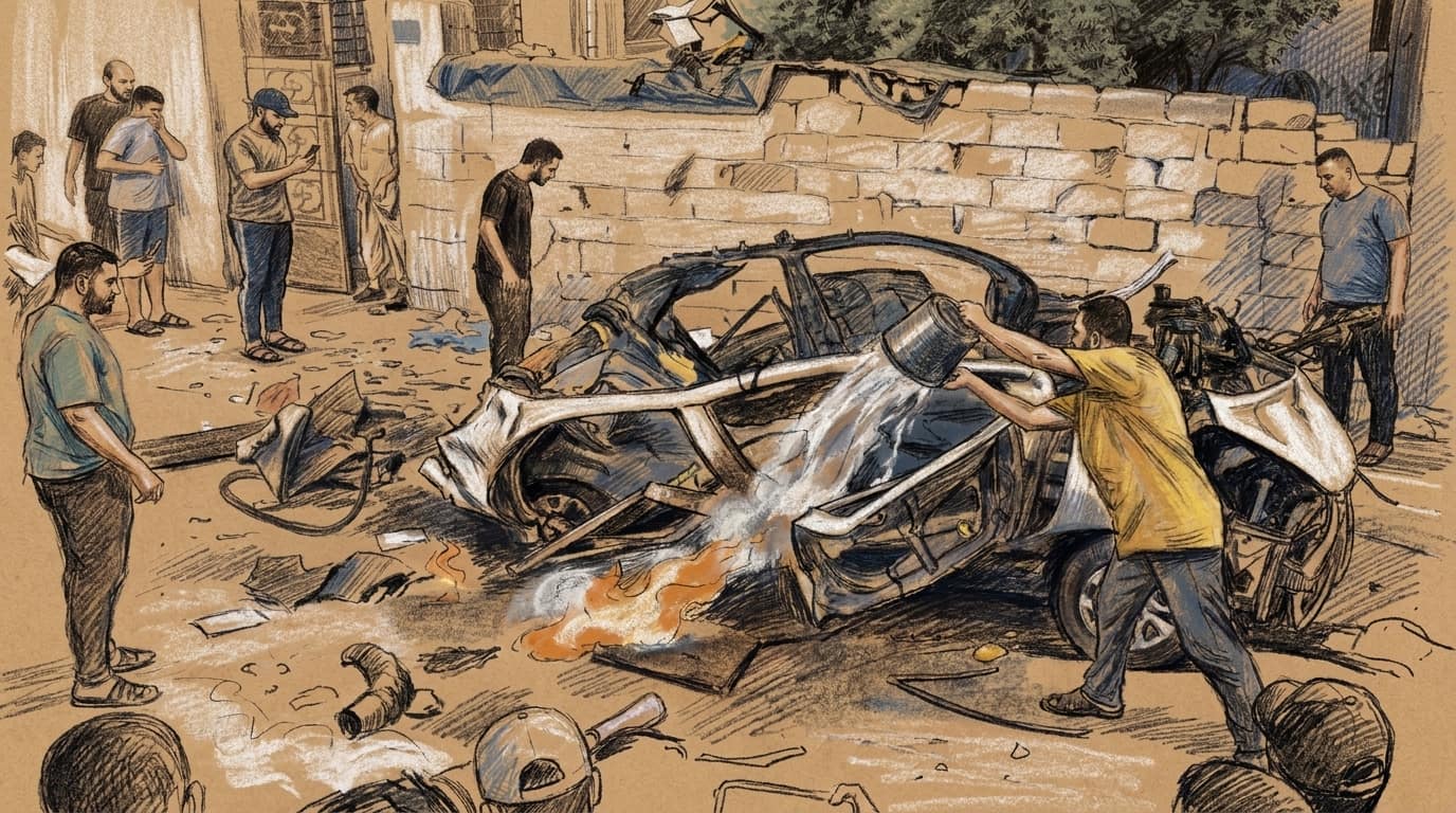 Courtroom-sketch editorial illustration of Palestinian civilians gathered around a burned car beside a stone wall after a strike in Gaza City
