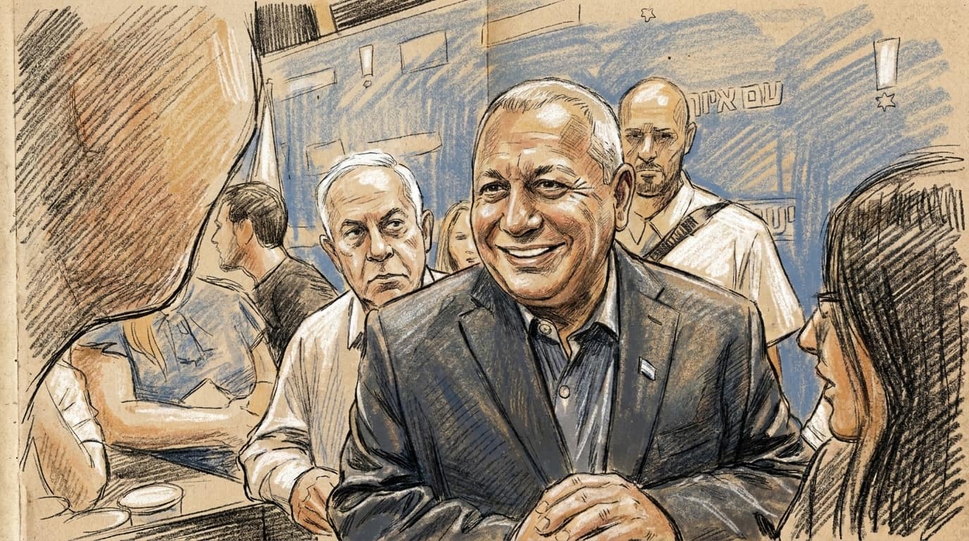 Courtroom-sketch editorial illustration of Gadi Eisenkot smiling at a campaign gathering, with Benjamin Netanyahu and other attendees behind him.