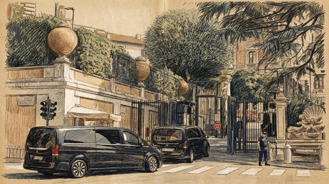 Courtroom-sketch editorial illustration of black diplomatic motorcade vehicles arriving at the gated United States Embassy in Rome.