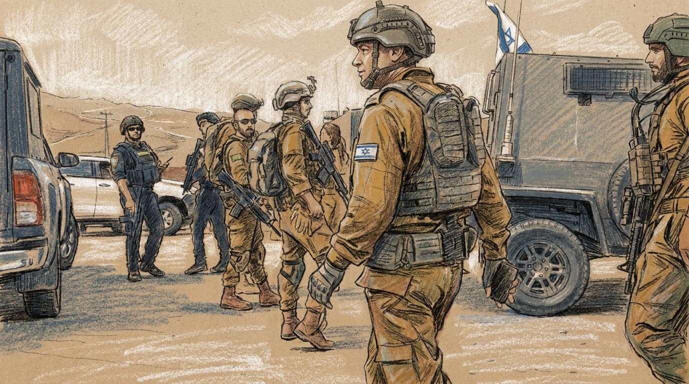 Courtroom-sketch editorial illustration of IDF soldiers and police personnel gathered beside security vehicles on a road in hilly Samaria.