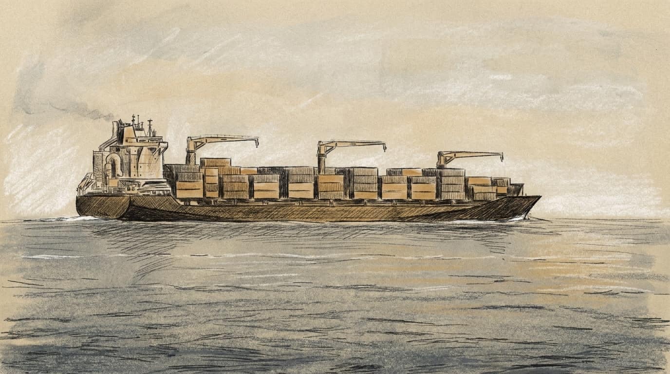 Courtroom-sketch editorial illustration of a dark-hulled container ship with stacked cargo and three deck cranes crossing a calm sea beneath a pale sky.