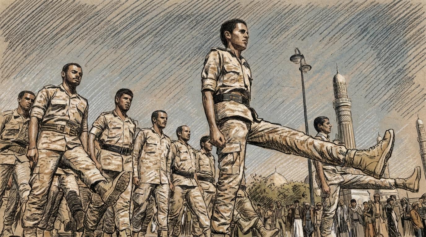Courtroom-sketch editorial illustration of a column of soldiers in desert camouflage marching in tight formation along a sunlit street, one soldier striding with his leg raised in the foreground, a tall stone minaret and domed building rising behind them, and a line of onlookers watching from the roadside.