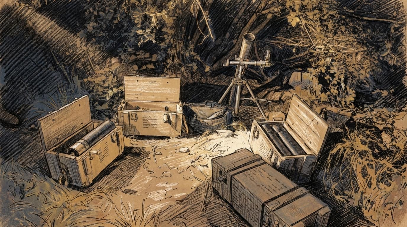 Courtroom-sketch editorial illustration of a mortar tube mounted on its bipod beside several open wooden ammunition crates holding shells, lit at night on bare ground amid dense undergrowth and overhanging branches.