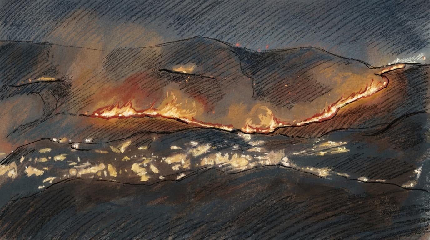 Courtroom-sketch editorial illustration of a nighttime hillside in southern Lebanon, with a long line of fire burning across the dark ridge above the scattered lights of a village on the slope below.