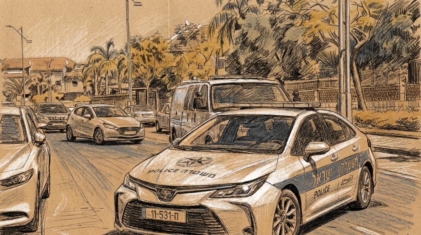 Courtroom-sketch editorial illustration of a marked Israel Police patrol car and a police van stopped on a sunny residential street lined with palm trees, with civilian cars passing alongside.