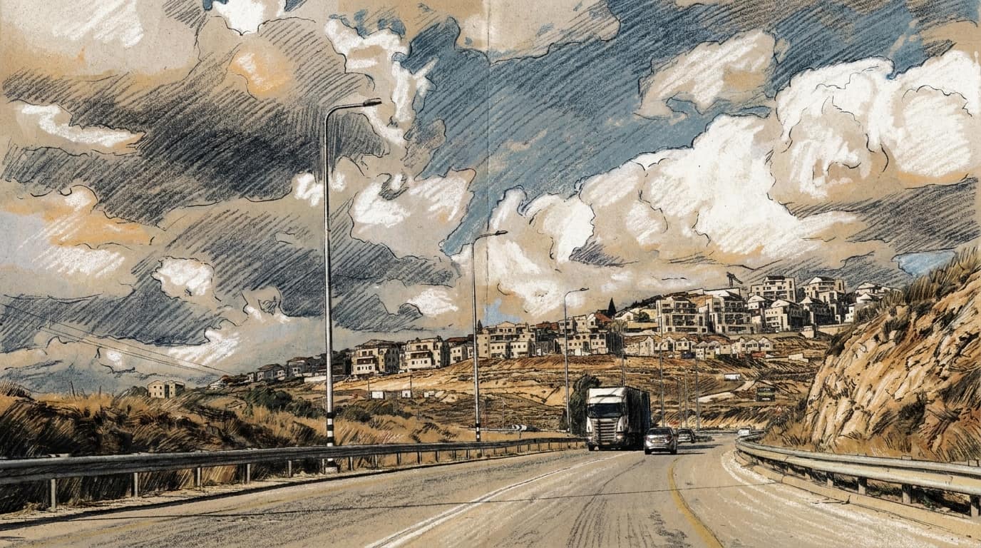 Courtroom-sketch editorial illustration of the hillside community of Ofarim, its pale red-roofed houses spread along a ridge above a divided highway where a truck and two cars approach, tall street lamps lining the guardrail and a rocky cutting on the right, beneath a broad sky of towering cumulus clouds, rendered in warm ochre and slate-blue chalk strokes on textured paper.