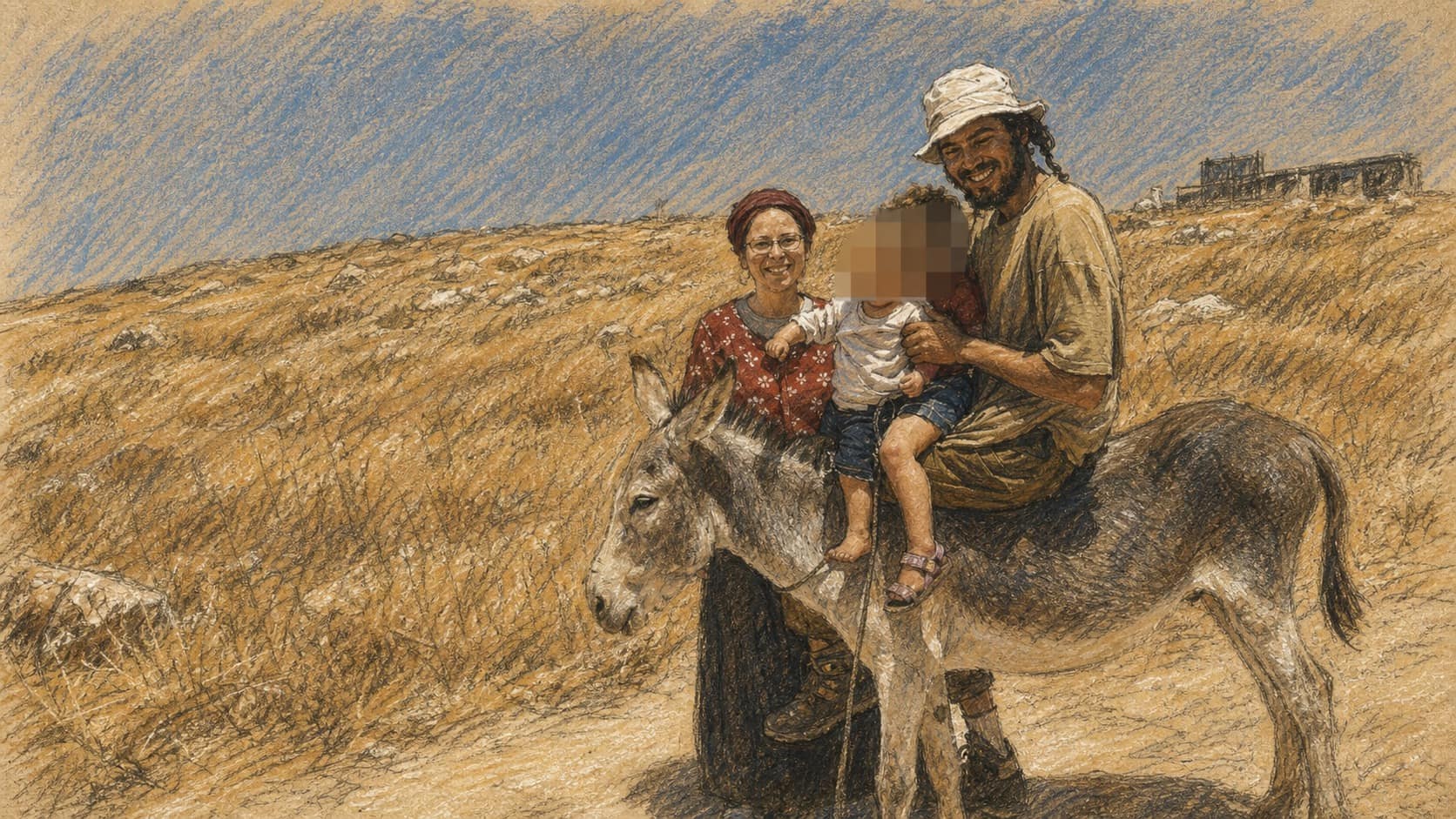 Courtroom-sketch editorial illustration of Tal Yinon Dardik seated on a donkey beside family members on a dry hillside.