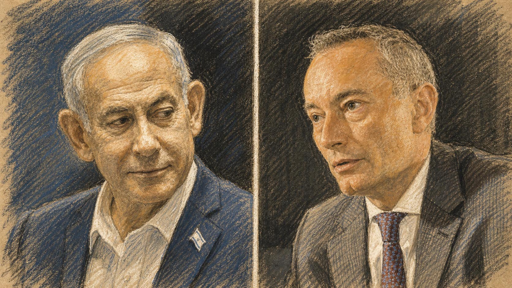 Courtroom-sketch editorial illustration of Benjamin Netanyahu and Peace Board director Nikolay Mladenov in a split-frame portrait, facing toward each other against dark backgrounds.