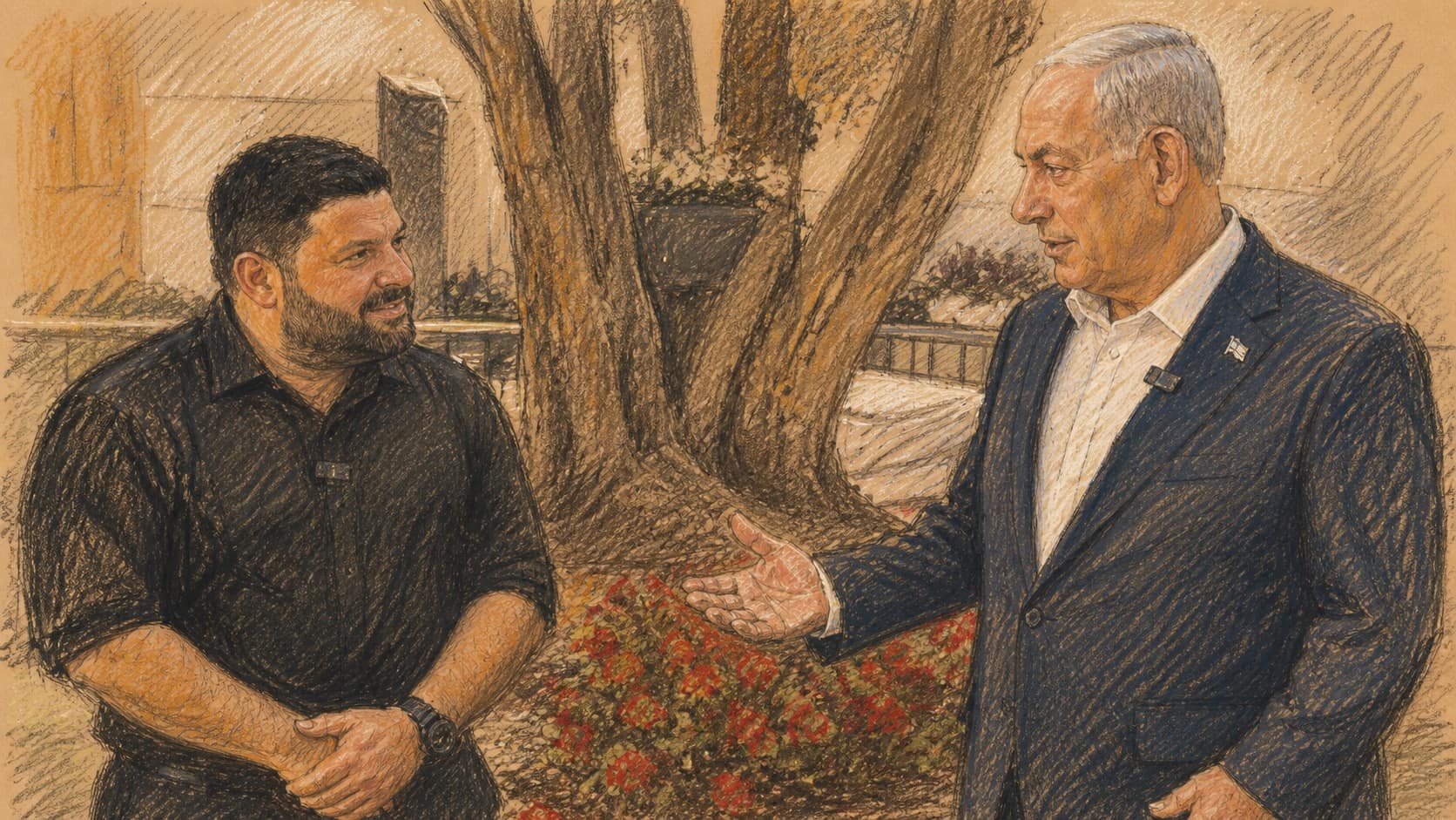 Courtroom-sketch editorial illustration of Almog Cohen and Benjamin Netanyahu standing beside a tree and red flowers while speaking outdoors.