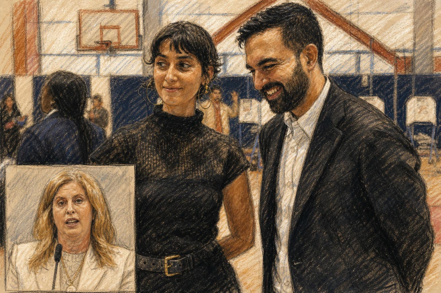 Courtroom-sketch editorial illustration of Rama Duwaji and Zohran Mamdani standing together in a polling-place gymnasium, with NYPD Commissioner Jessica Tisch shown in a lower-left portrait inset.
