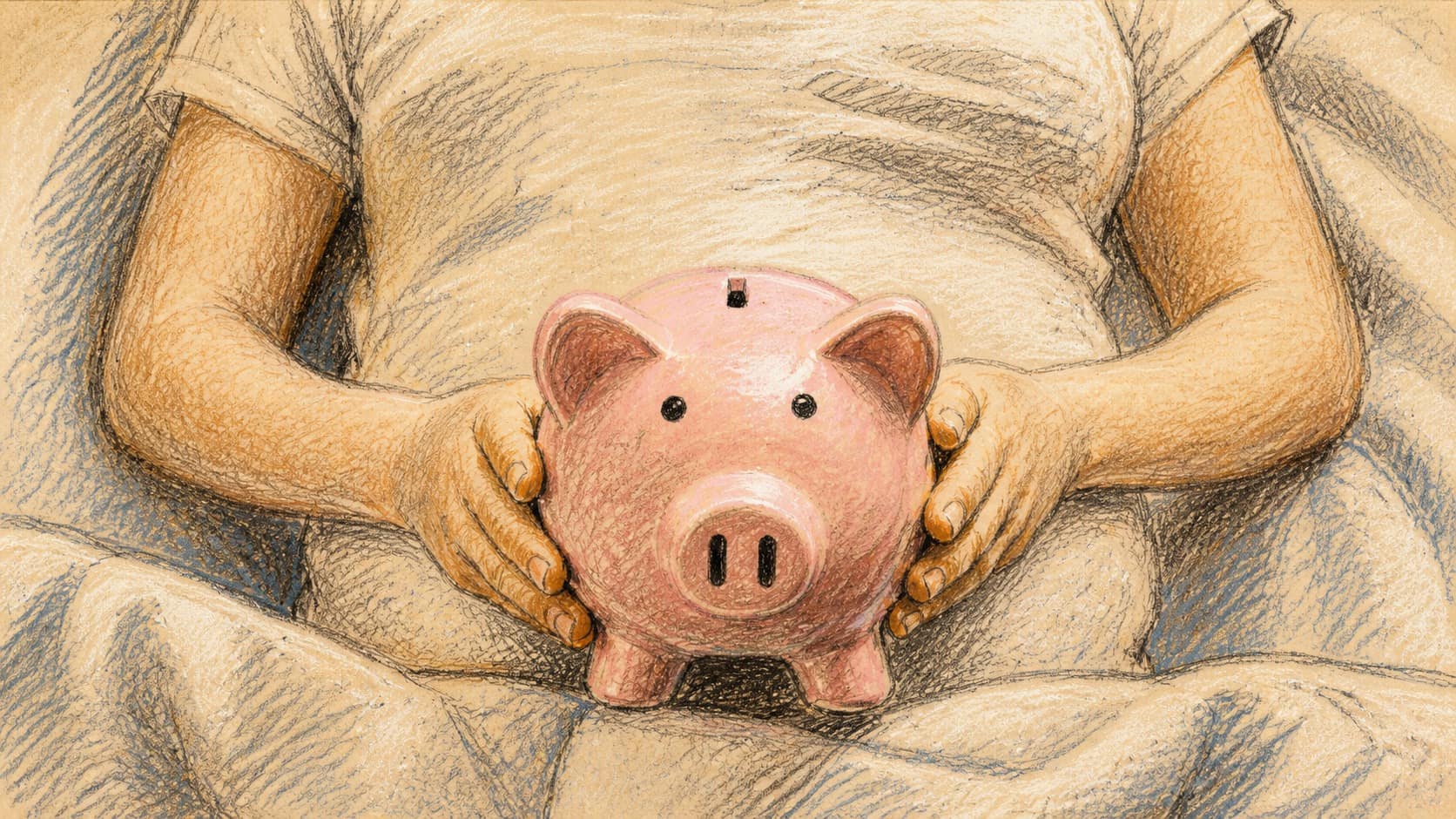 Courtroom-sketch editorial illustration of a seated child holding a pink piggy bank with both hands amid pale bedding.