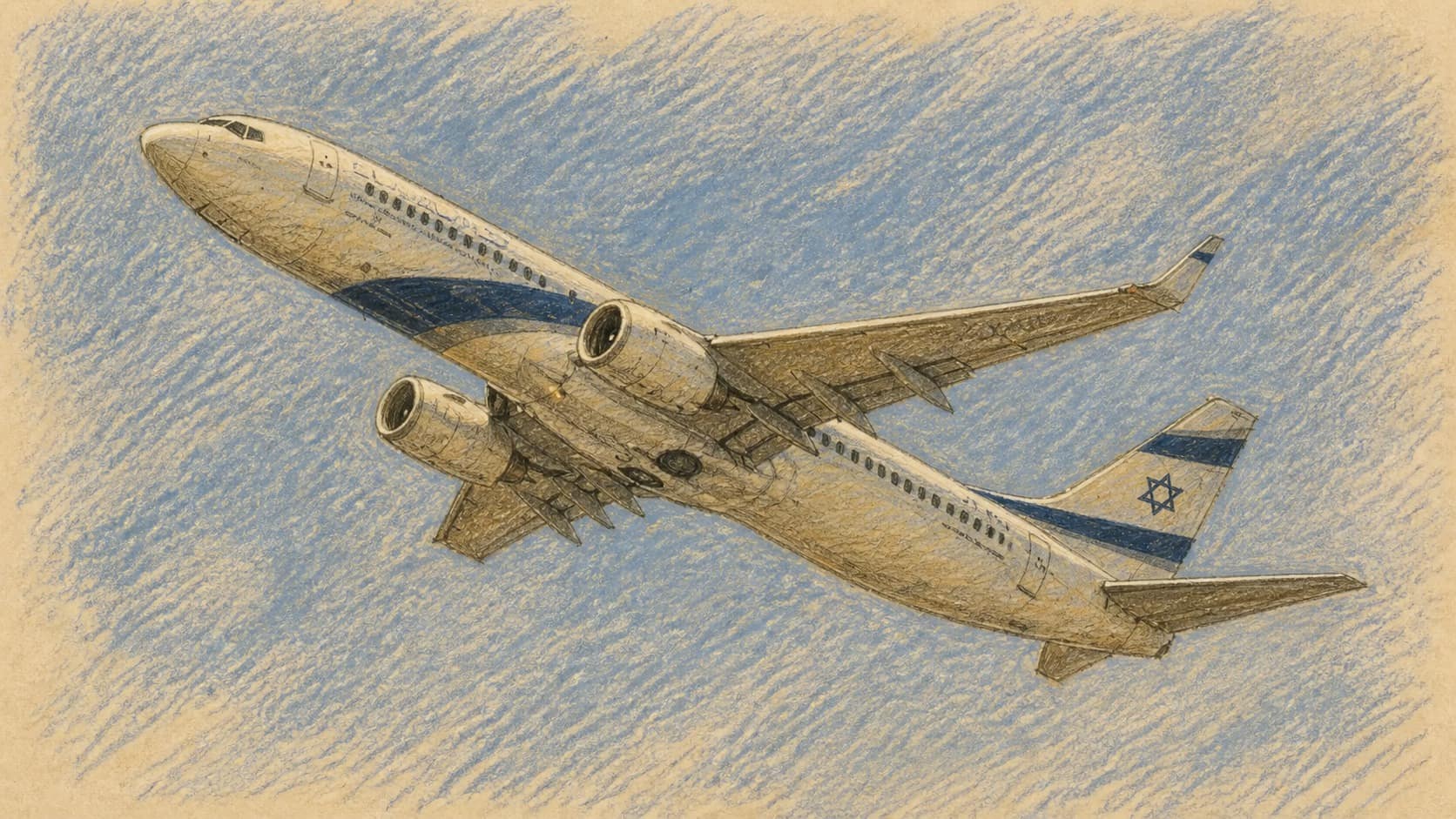 Courtroom-sketch editorial illustration of an El Al passenger jet viewed from below as it climbs through a blue sky.