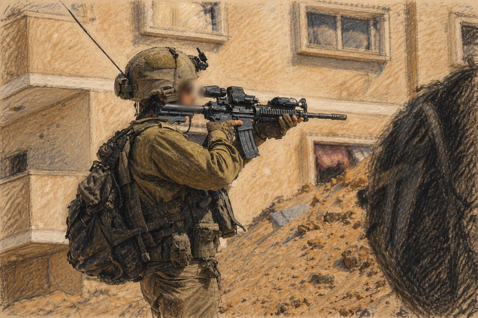 Courtroom-sketch editorial illustration of an Israeli soldier in combat gear aiming a rifle beside a rubble mound in a Gaza street, with an apartment building behind him.