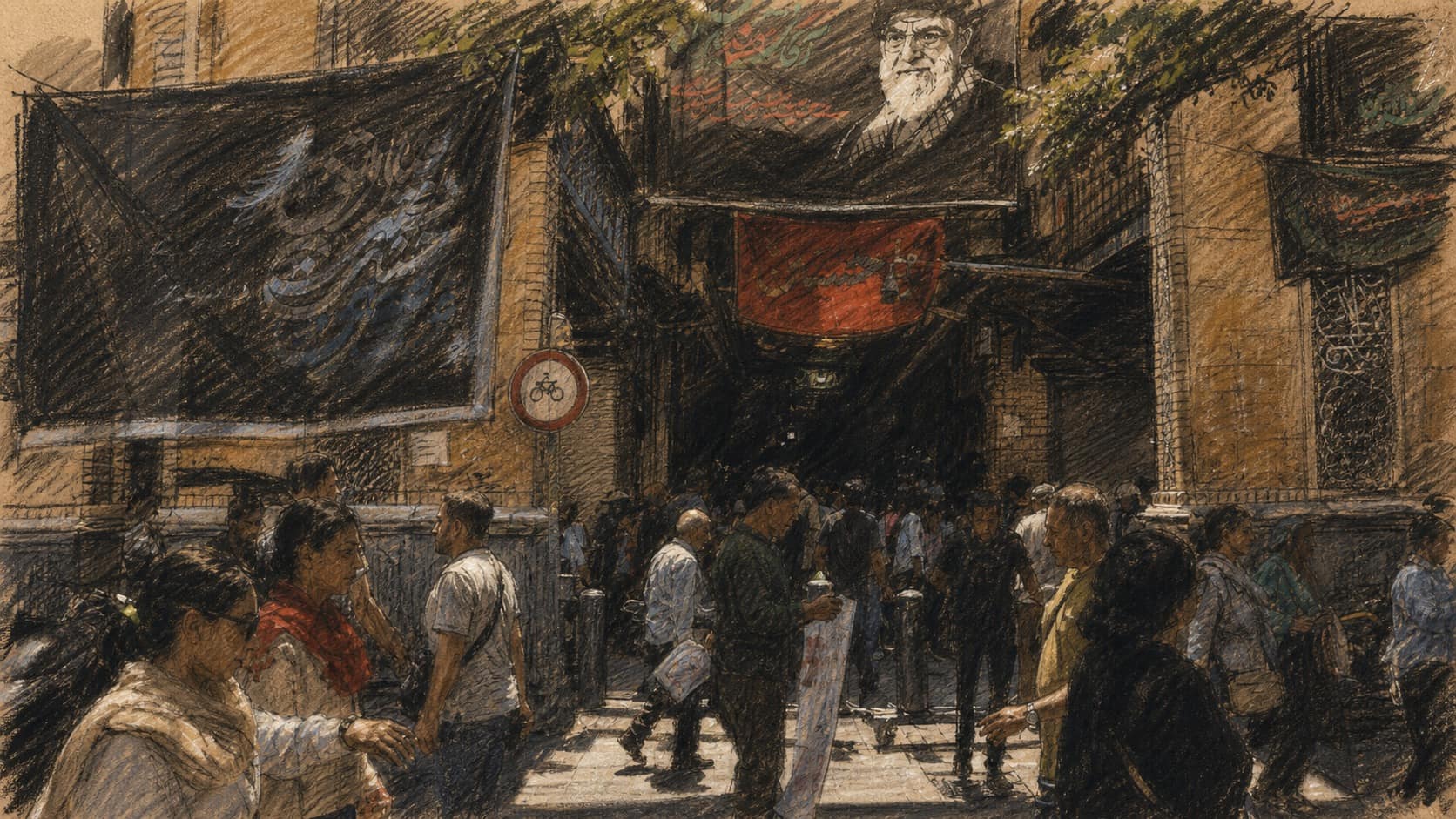 Courtroom-sketch editorial illustration of pedestrians walking past and into a shadowed Tehran bazaar entrance beneath large black mourning banners and a portrait.