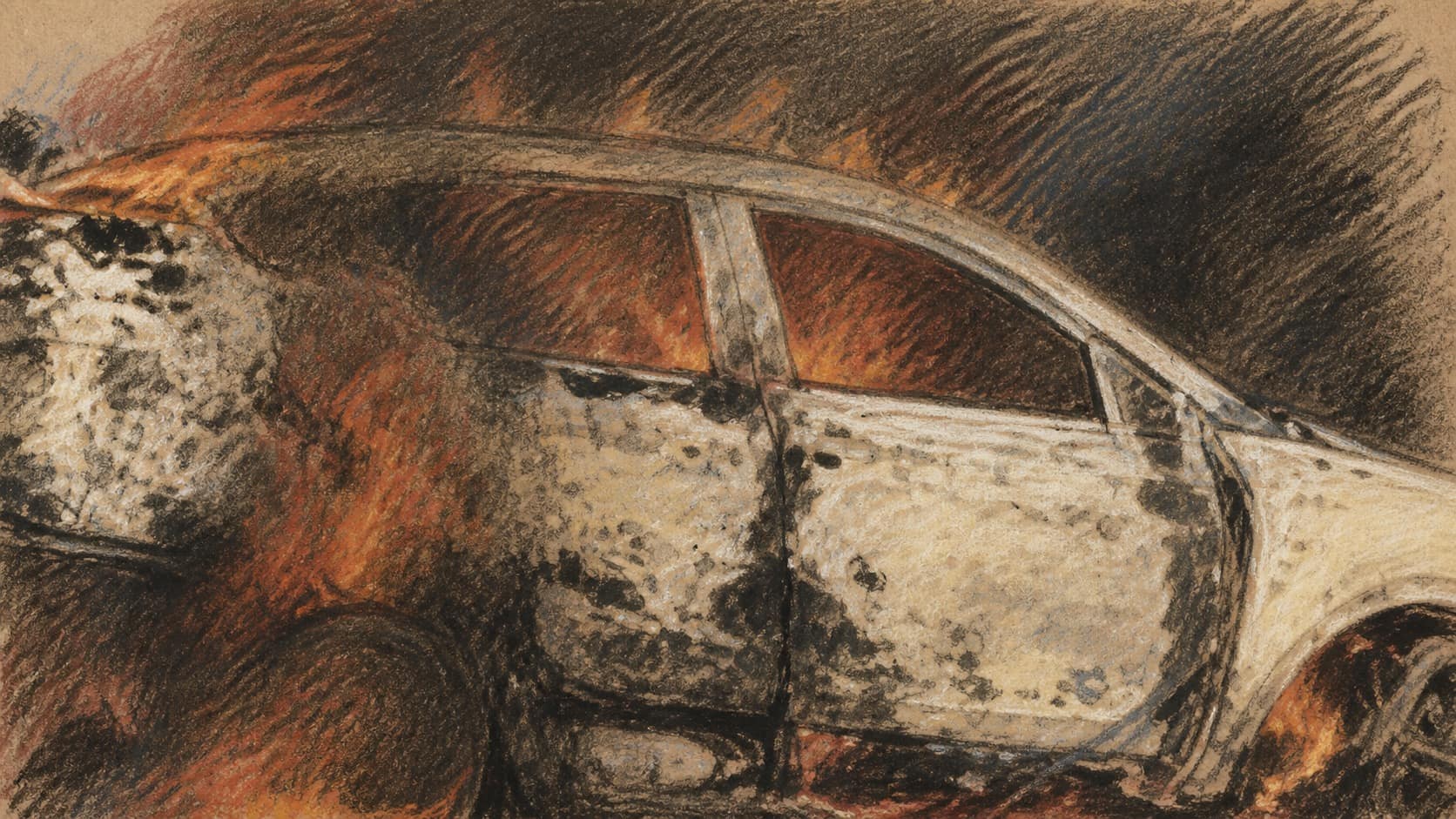 Courtroom-sketch editorial illustration of a heavily damaged white vehicle burning at night amid orange flames and red firelight.
